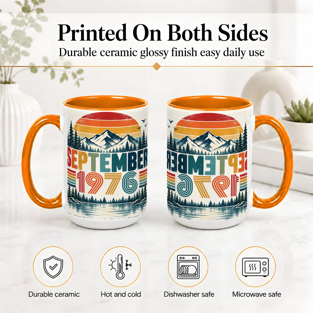 #pl[15oz|Orange] September 1976 Retro Ceramic Mug, Mountain Forest Lake Design