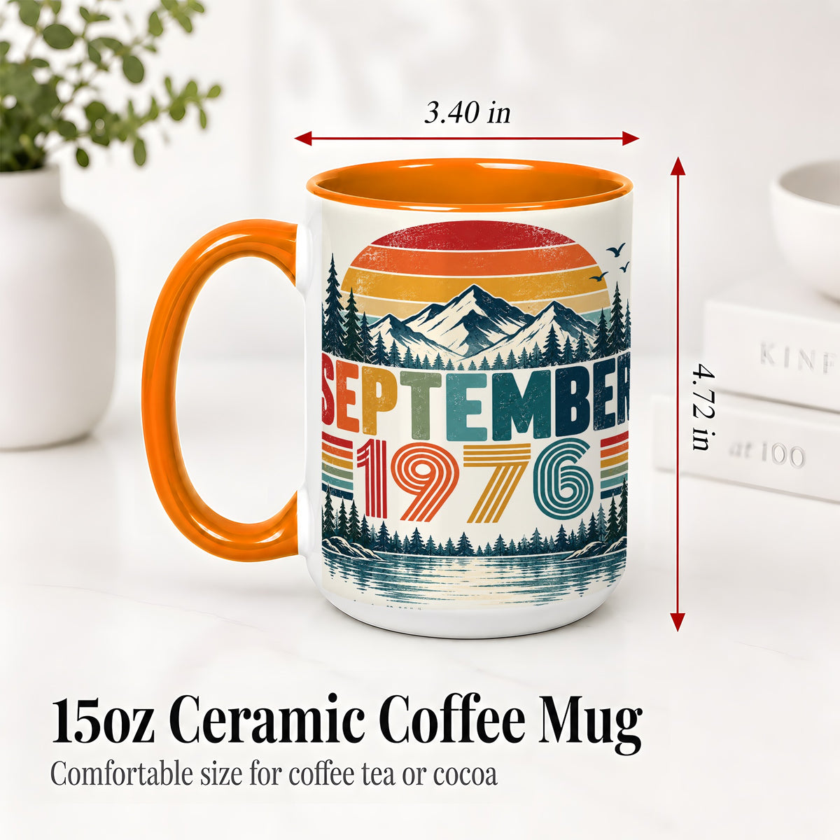 #pl[15oz|Orange] September 1976 Retro Ceramic Mug, Mountain Forest Lake Design