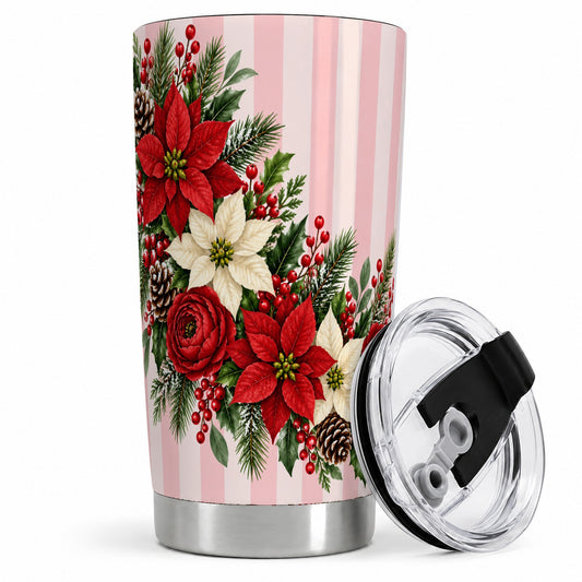 Poinsettia Christmas Floral Drinkware, 20oz Tumbler with Pink Stripes