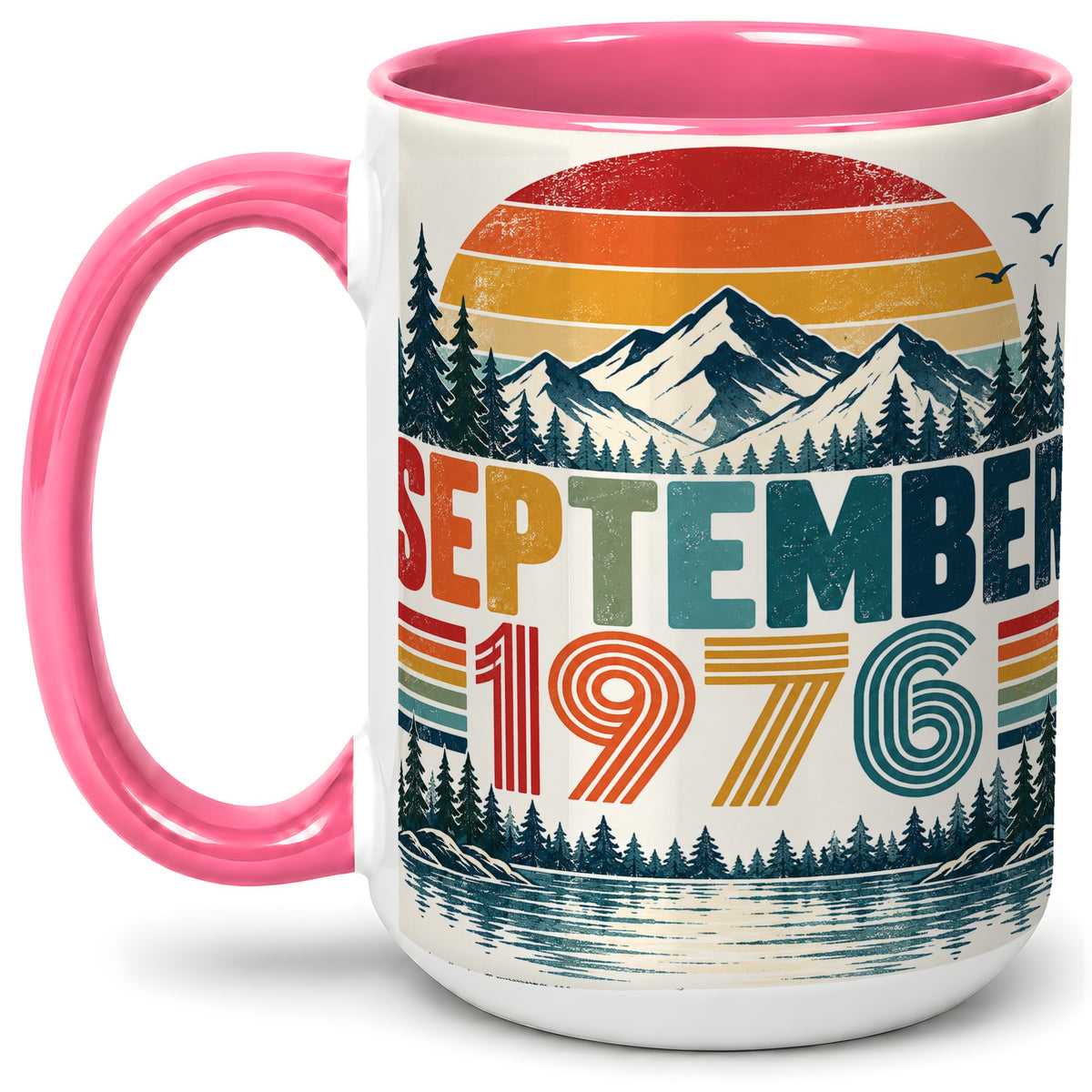 #pl[15oz|Pink] September 1976 Retro Ceramic Mug, Mountain Forest Lake Design