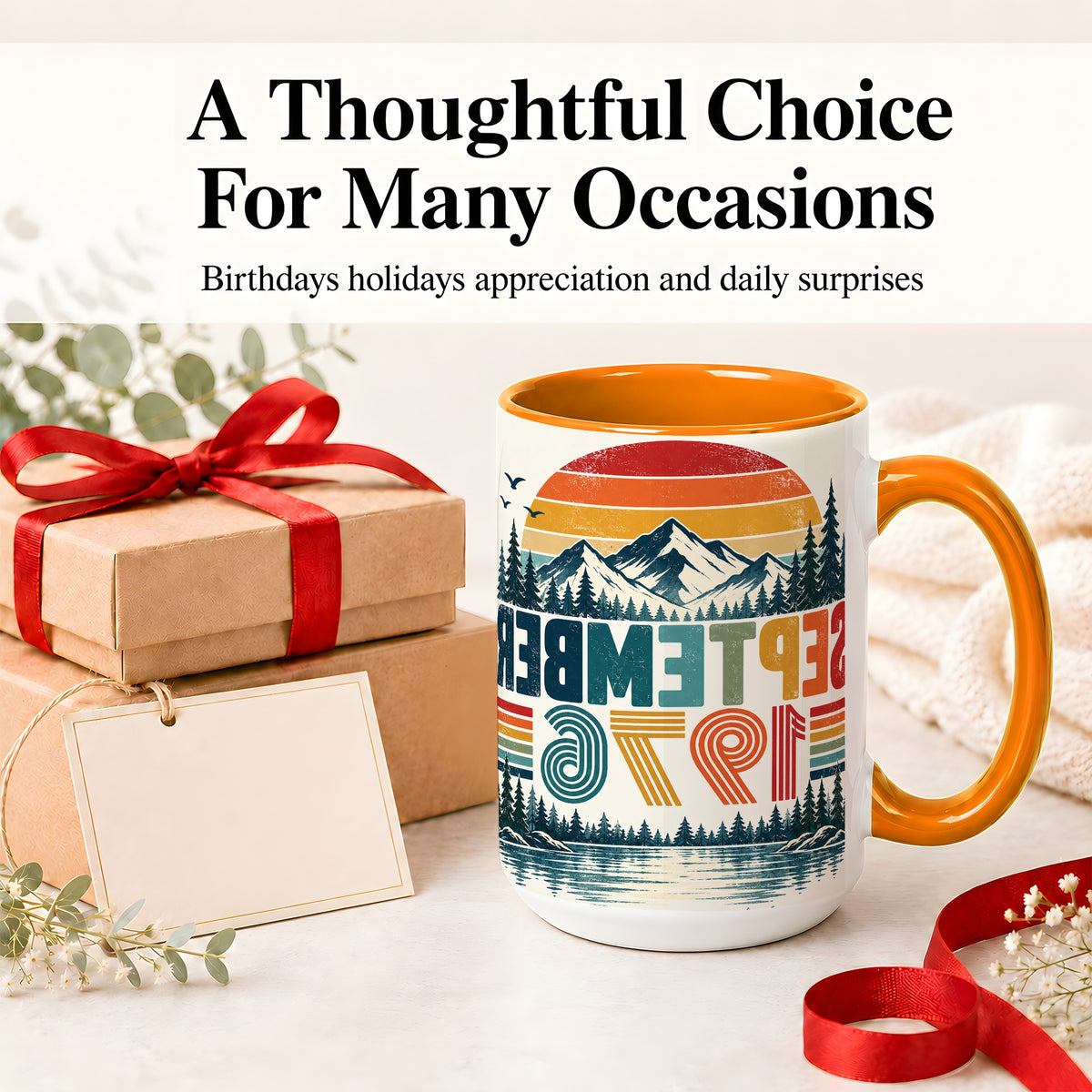 #pl[15oz|Orange] September 1976 Retro Ceramic Mug, Mountain Forest Lake Design