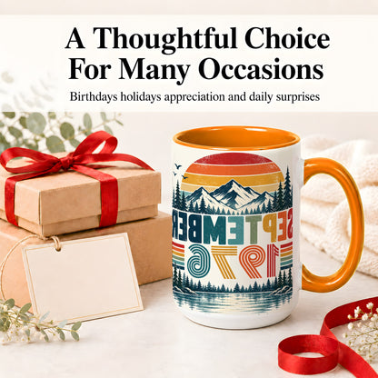 #pl[15oz|Orange] September 1976 Retro Ceramic Mug, Mountain Forest Lake Design