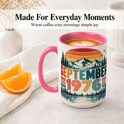 #pl[15oz|Pink] September 1976 Retro Ceramic Mug, Mountain Forest Lake Design