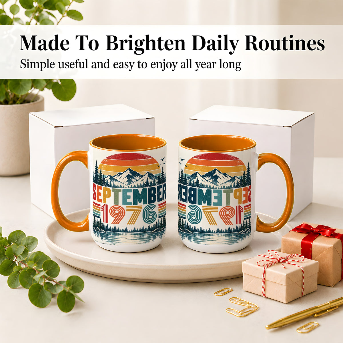 #pl[15oz|Orange] September 1976 Retro Ceramic Mug, Mountain Forest Lake Design