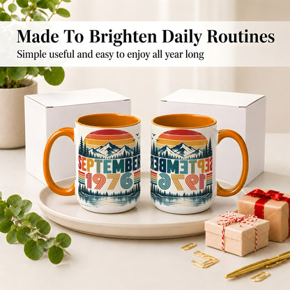 #pl[15oz|Orange] September 1976 Retro Ceramic Mug, Mountain Forest Lake Design