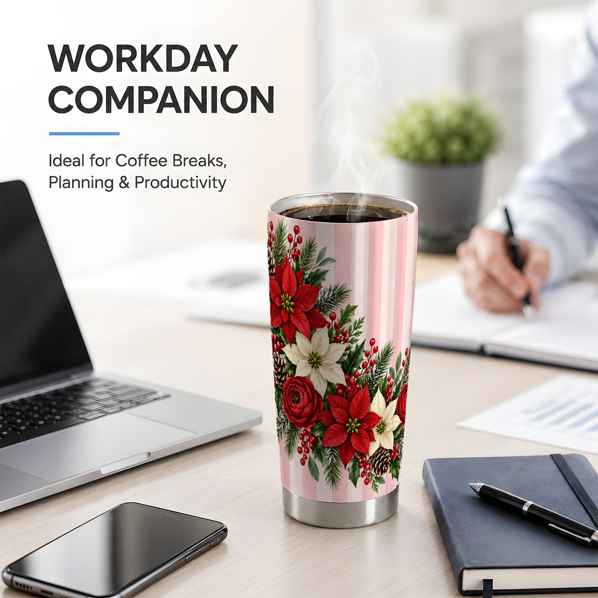 #pl[20oz|Steel] Poinsettia Christmas Floral Drinkware, 20oz Tumbler with Pink Stripes