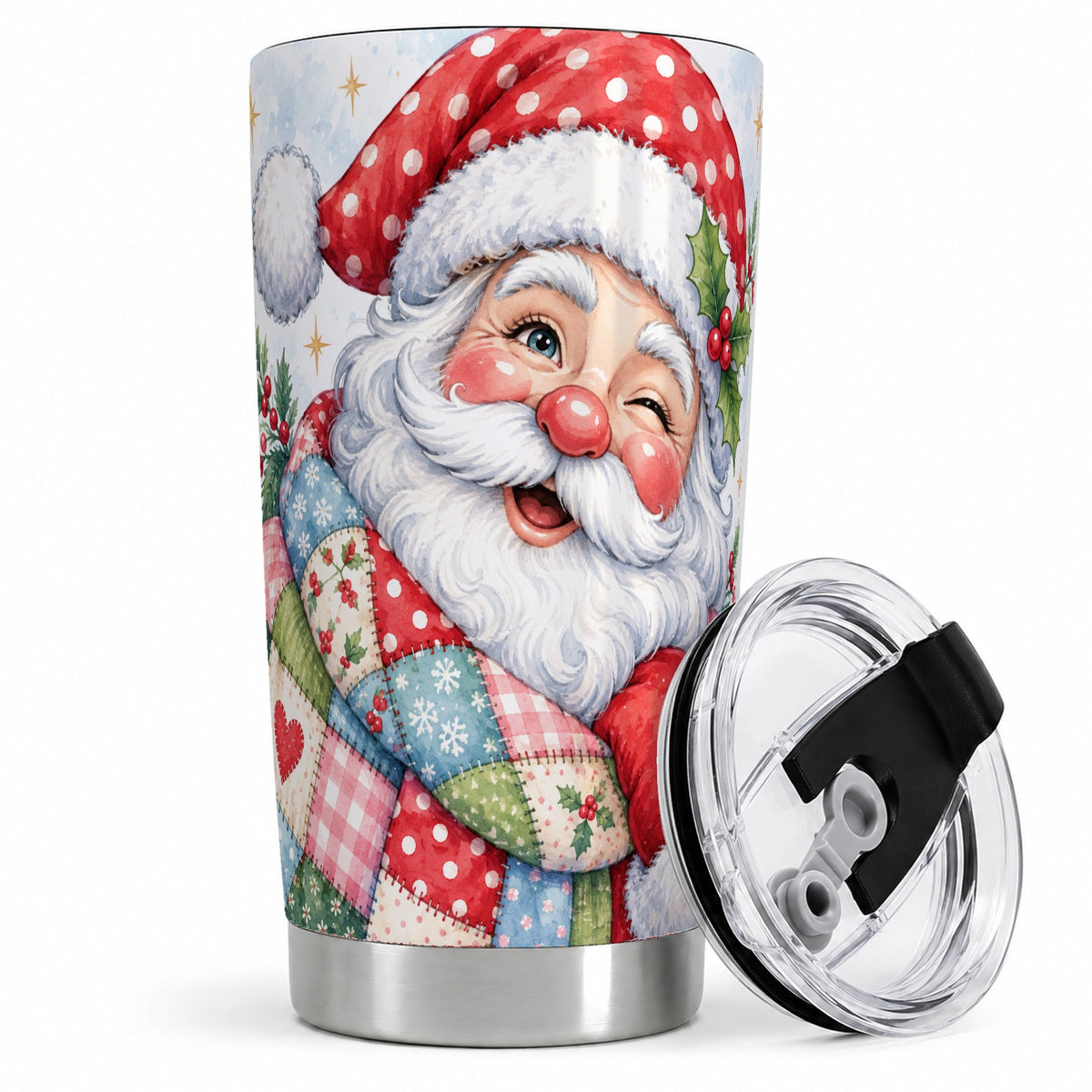 Patchwork Santa Christmas Drinkware, 20oz Tumbler with Watercolor Art