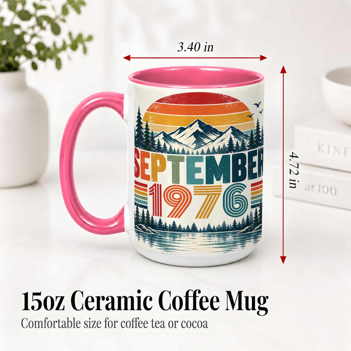 #pl[15oz|Pink] September 1976 Retro Ceramic Mug, Mountain Forest Lake Design