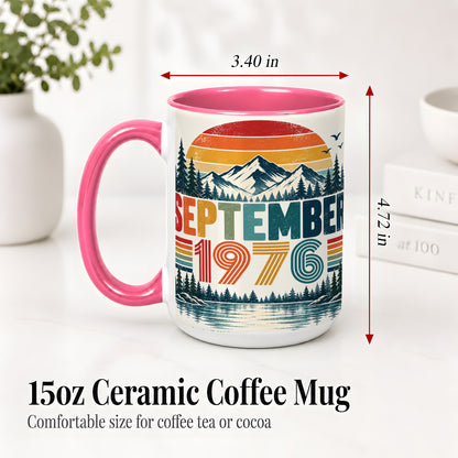 #pl[15oz|Pink] September 1976 Retro Ceramic Mug, Mountain Forest Lake Design
