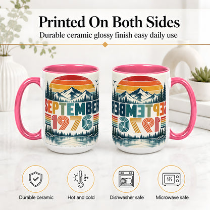#pl[15oz|Pink] September 1976 Retro Ceramic Mug, Mountain Forest Lake Design