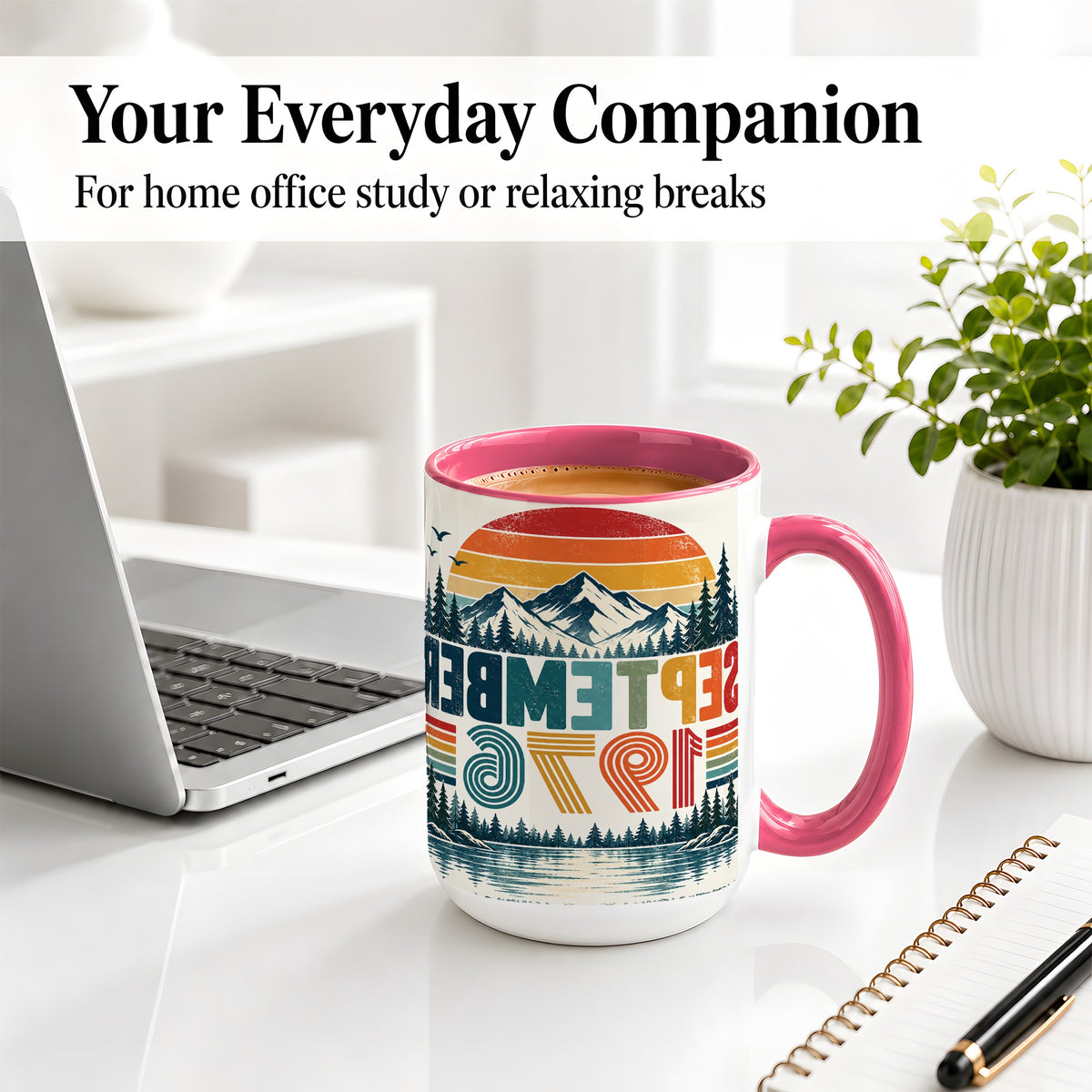 #pl[15oz|Pink] September 1976 Retro Ceramic Mug, Mountain Forest Lake Design