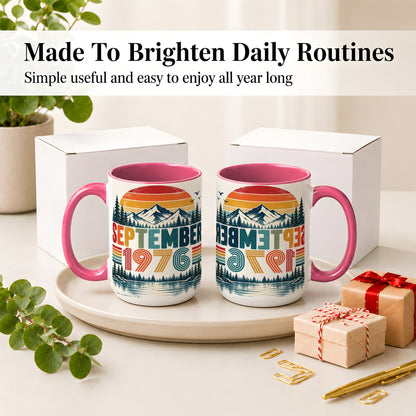 #pl[15oz|Pink] September 1976 Retro Ceramic Mug, Mountain Forest Lake Design