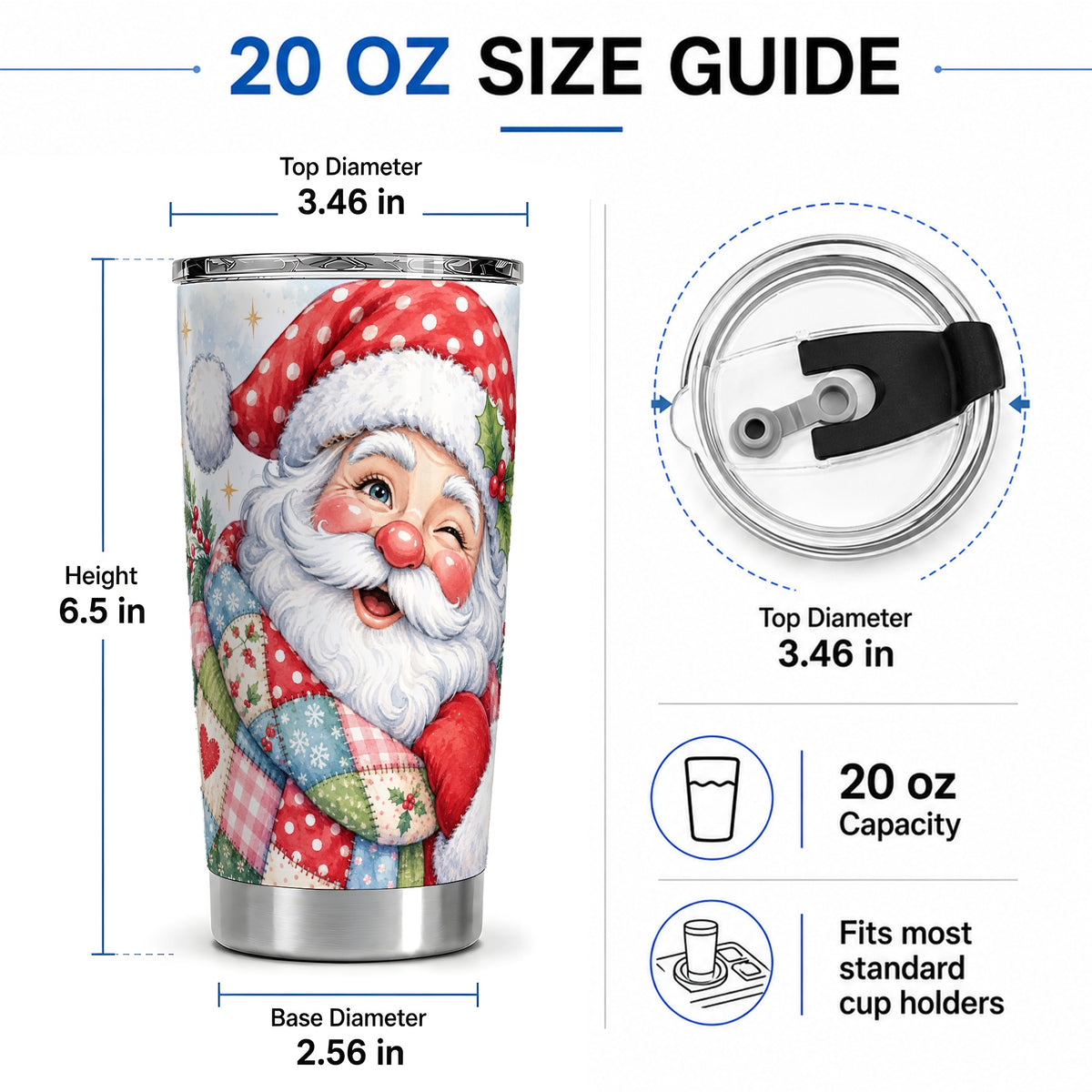 #pl[20oz|Steel] Patchwork Santa Christmas Drinkware, 20oz Tumbler with Watercolor Art