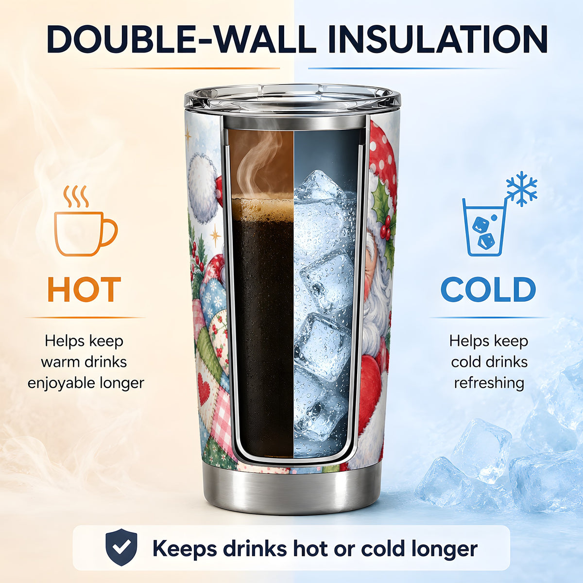 #pl[20oz|Steel] Patchwork Santa Christmas Drinkware, 20oz Tumbler with Watercolor Art