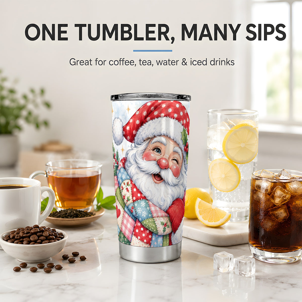 #pl[20oz|Steel] Patchwork Santa Christmas Drinkware, 20oz Tumbler with Watercolor Art
