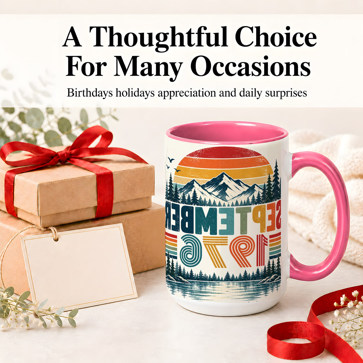 #pl[15oz|Pink] September 1976 Retro Ceramic Mug, Mountain Forest Lake Design