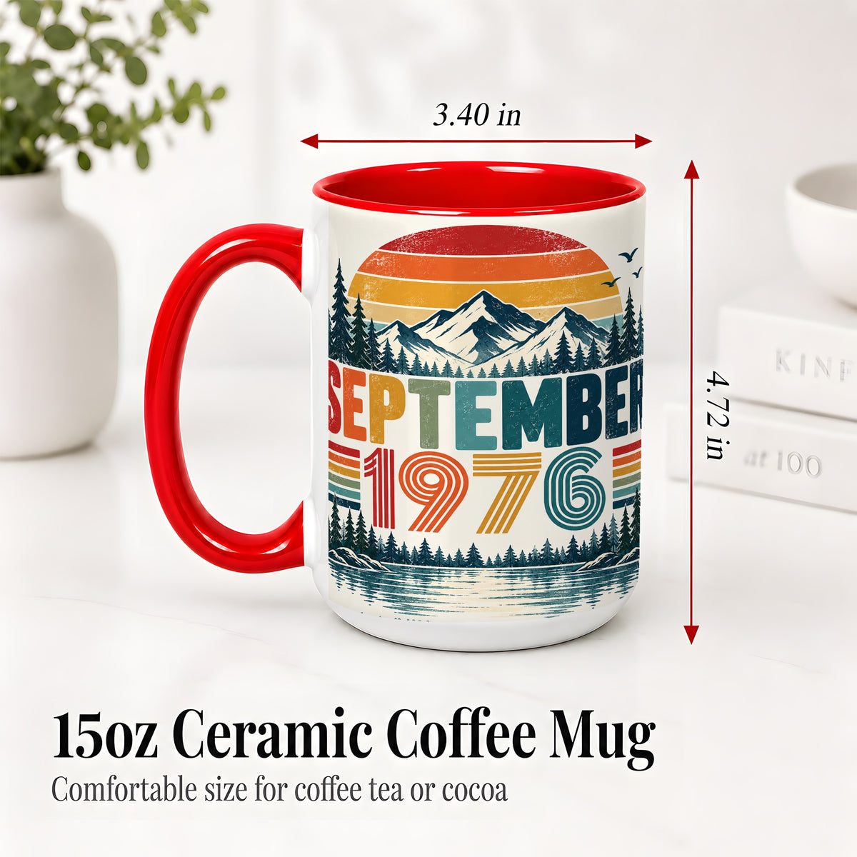 #pl[15oz|Red] September 1976 Retro Ceramic Mug, Mountain Forest Lake Design