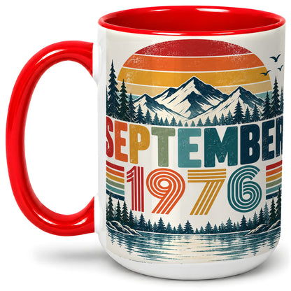 #pl[15oz|Red] September 1976 Retro Ceramic Mug, Mountain Forest Lake Design