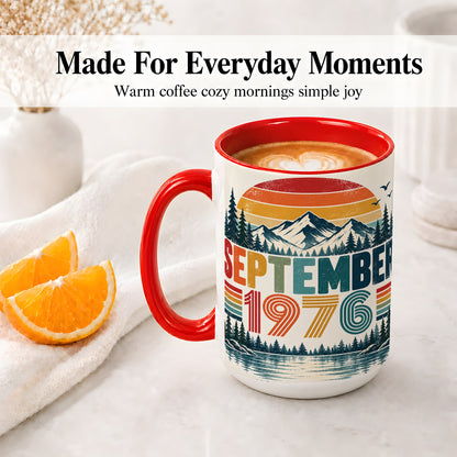#pl[15oz|Red] September 1976 Retro Ceramic Mug, Mountain Forest Lake Design