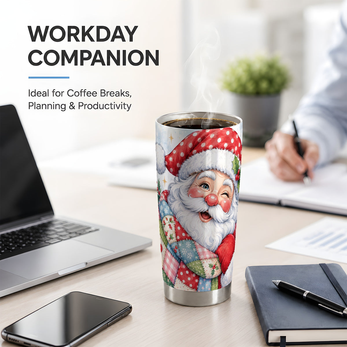 #pl[20oz|Steel] Patchwork Santa Christmas Drinkware, 20oz Tumbler with Watercolor Art