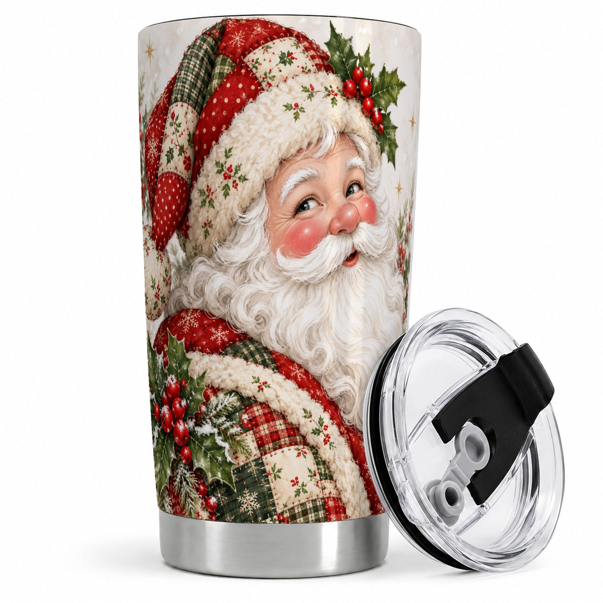 Patchwork Santa Portrait Drinkware, 20oz Tumbler with Holly Artwork