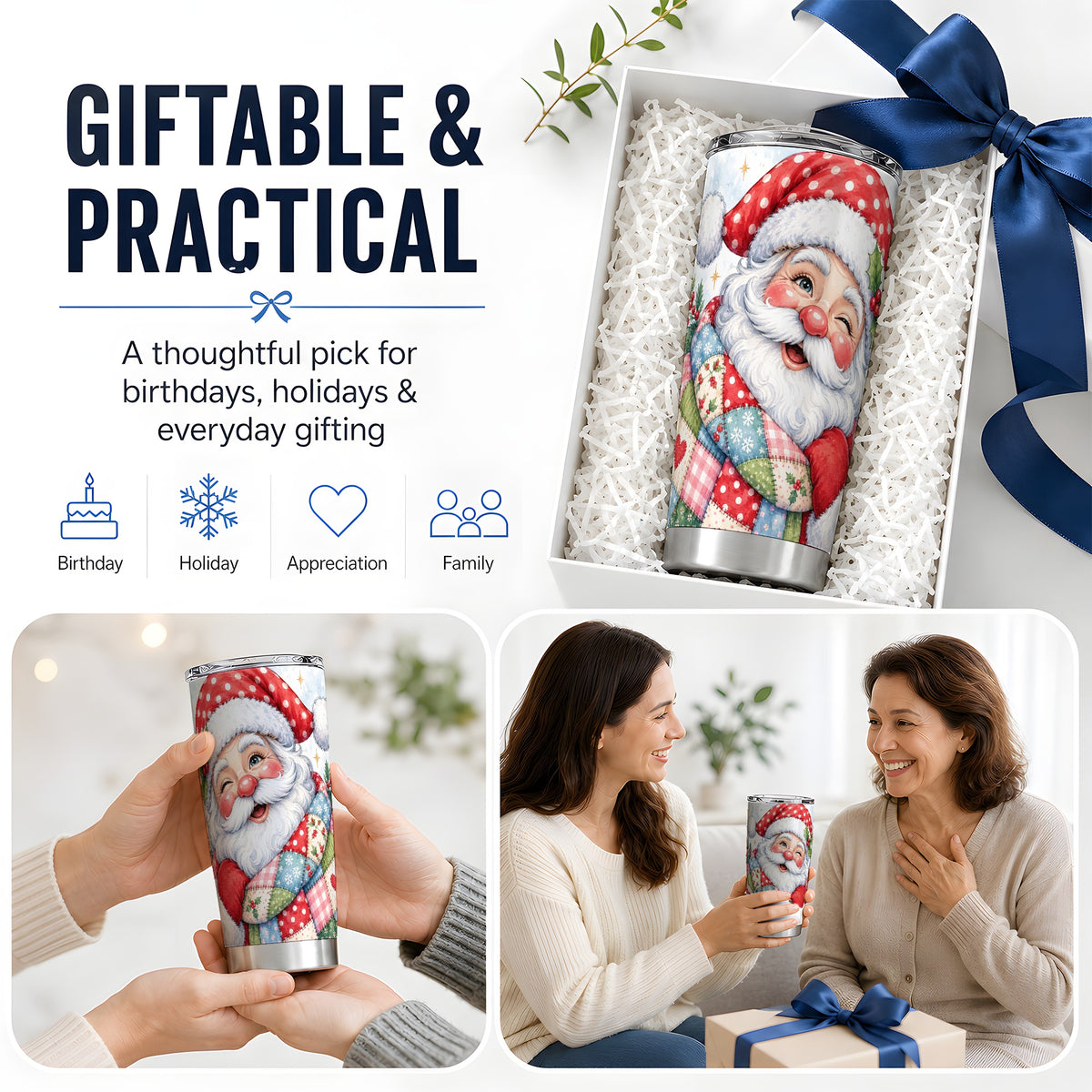 #pl[20oz|Steel] Patchwork Santa Christmas Drinkware, 20oz Tumbler with Watercolor Art
