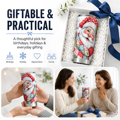 #pl[20oz|Steel] Patchwork Santa Christmas Drinkware, 20oz Tumbler with Watercolor Art