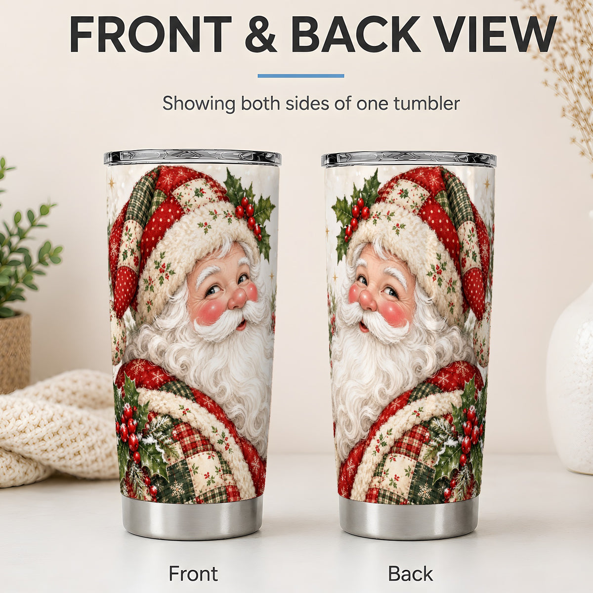 #pl[20oz|Steel] Patchwork Santa Portrait Drinkware, 20oz Tumbler with Holly Artwork