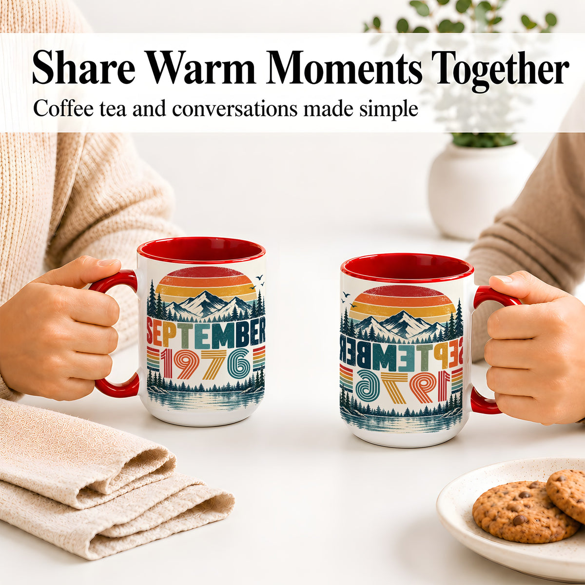#pl[15oz|Red] September 1976 Retro Ceramic Mug, Mountain Forest Lake Design