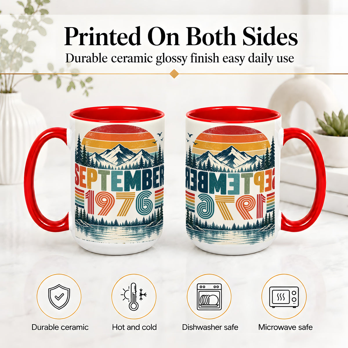 #pl[15oz|Red] September 1976 Retro Ceramic Mug, Mountain Forest Lake Design