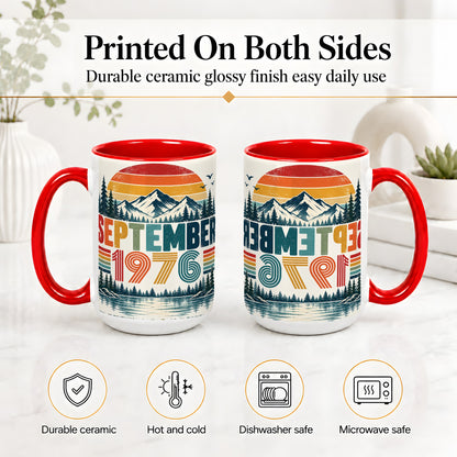 #pl[15oz|Red] September 1976 Retro Ceramic Mug, Mountain Forest Lake Design