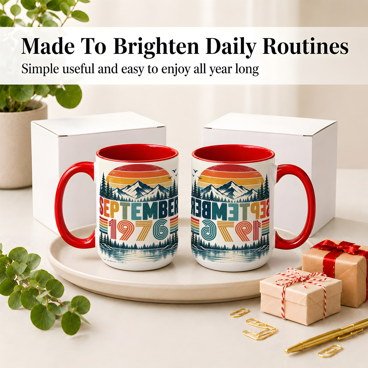 #pl[15oz|Red] September 1976 Retro Ceramic Mug, Mountain Forest Lake Design