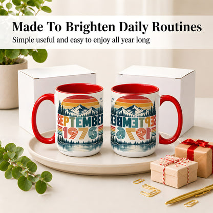 #pl[15oz|Red] September 1976 Retro Ceramic Mug, Mountain Forest Lake Design