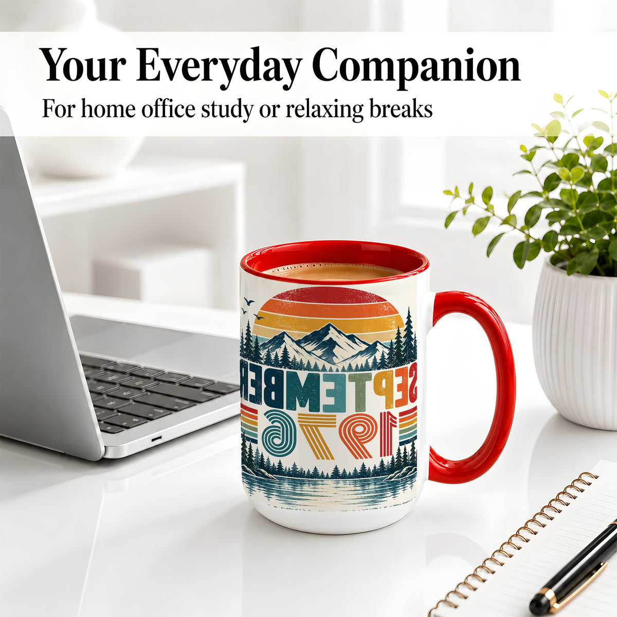 #pl[15oz|Red] September 1976 Retro Ceramic Mug, Mountain Forest Lake Design