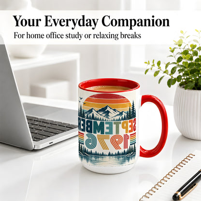 #pl[15oz|Red] September 1976 Retro Ceramic Mug, Mountain Forest Lake Design
