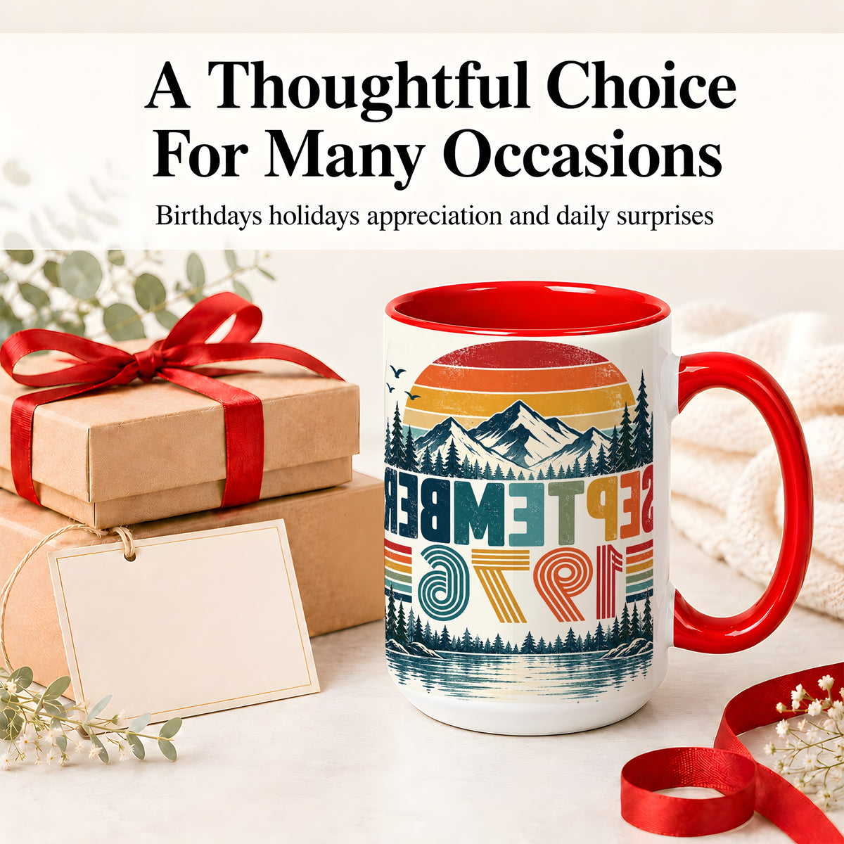 #pl[15oz|Red] September 1976 Retro Ceramic Mug, Mountain Forest Lake Design