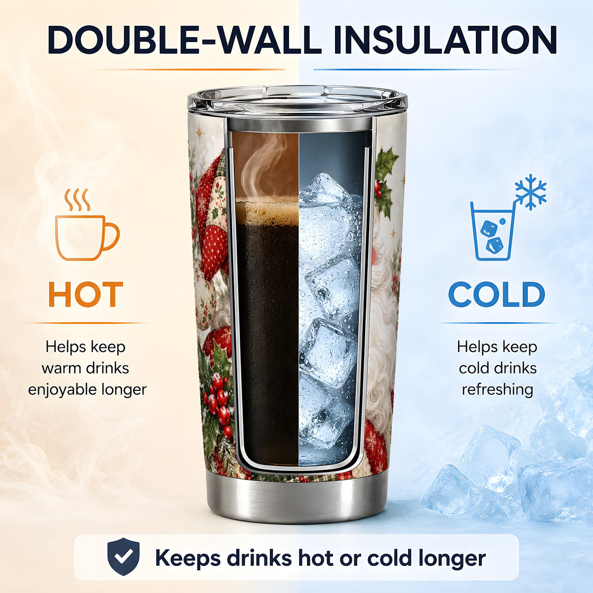 #pl[20oz|Steel] Patchwork Santa Portrait Drinkware, 20oz Tumbler with Holly Artwork