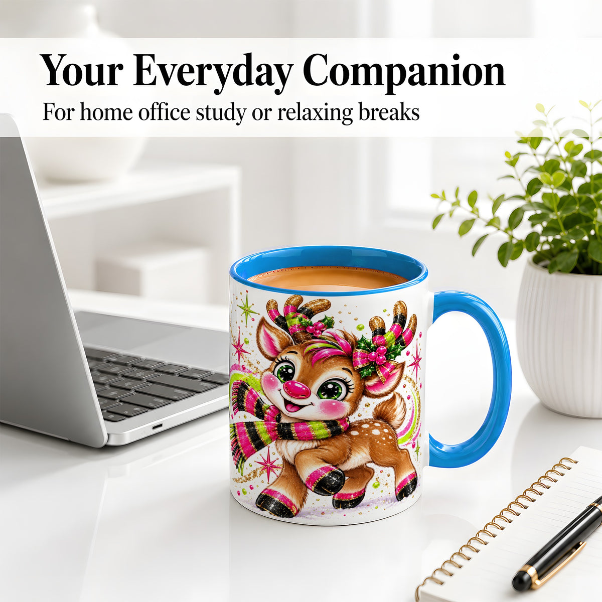 #pl[11oz|Blue] Festive Reindeer Ceramic Mug, Neon Christmas Character Artwork