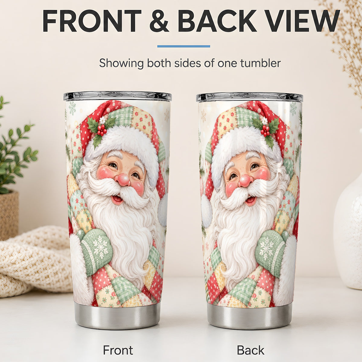 #pl[20oz|Steel] Pastel Patchwork Santa Christmas Drinkware, 20oz Tumbler with Floral Art