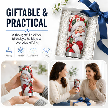#pl[20oz|Steel] Patchwork Santa Christmas Drinkware, 20oz Tumbler with Snowflake Art