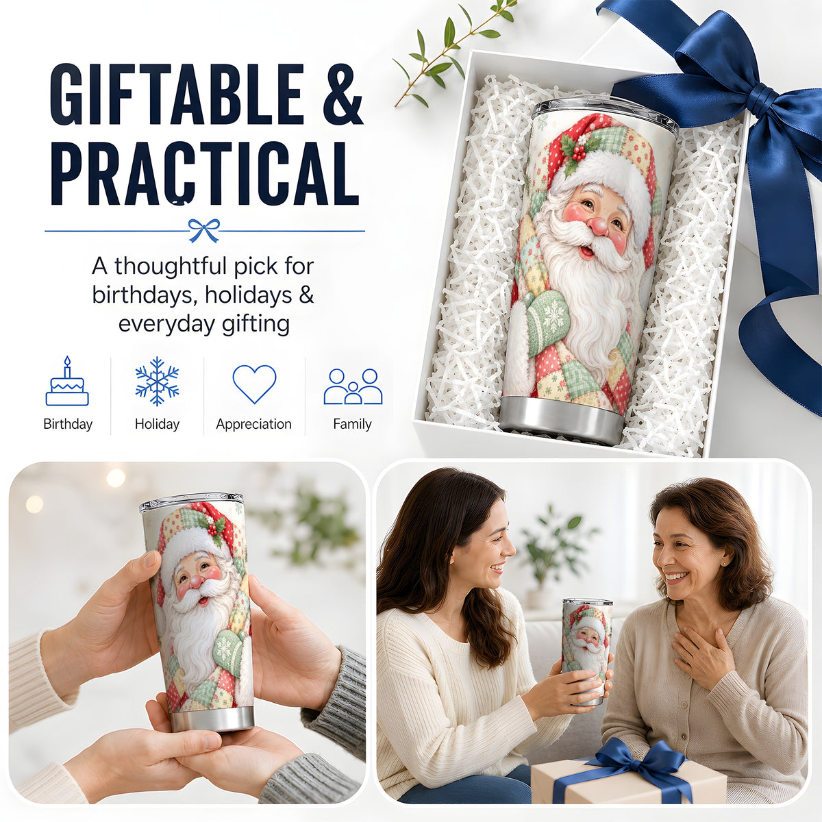 #pl[20oz|Steel] Pastel Patchwork Santa Christmas Drinkware, 20oz Tumbler with Floral Art