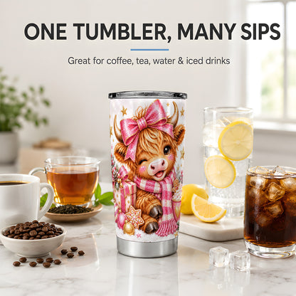 #pl[20oz|Steel] Pink Highland Cow Christmas Drinkware, 20oz Tumbler with Bow Artwork