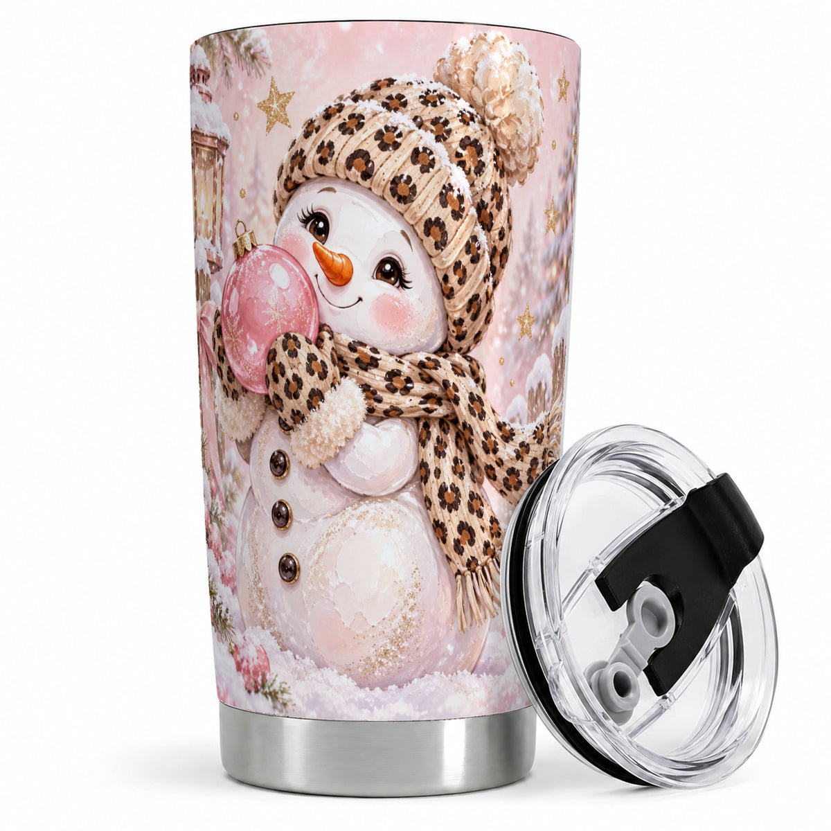 Leopard Snowman Christmas Drinkware, 20oz Tumbler with Pink Ornament Art