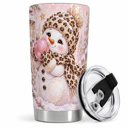 Leopard Snowman Christmas Drinkware, 20oz Tumbler with Pink Ornament Art