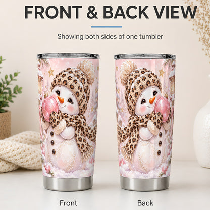 #pl[20oz|Steel] Leopard Snowman Christmas Drinkware, 20oz Tumbler with Pink Ornament Art