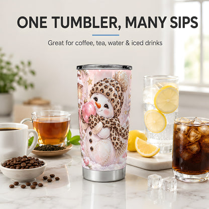 #pl[20oz|Steel] Leopard Snowman Christmas Drinkware, 20oz Tumbler with Pink Ornament Art