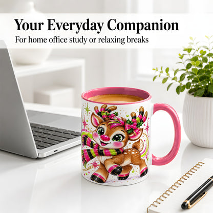 #pl[11oz|Pink] Festive Reindeer Ceramic Mug, Neon Christmas Character Artwork