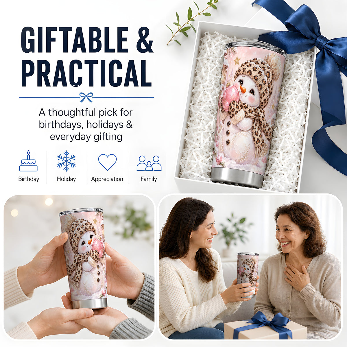 #pl[20oz|Steel] Leopard Snowman Christmas Drinkware, 20oz Tumbler with Pink Ornament Art