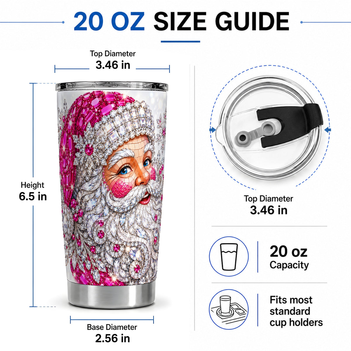 #pl[20oz|Steel] Jeweled Christmas Santa 20oz Tumbler, Pink Crystal Holiday Artwork