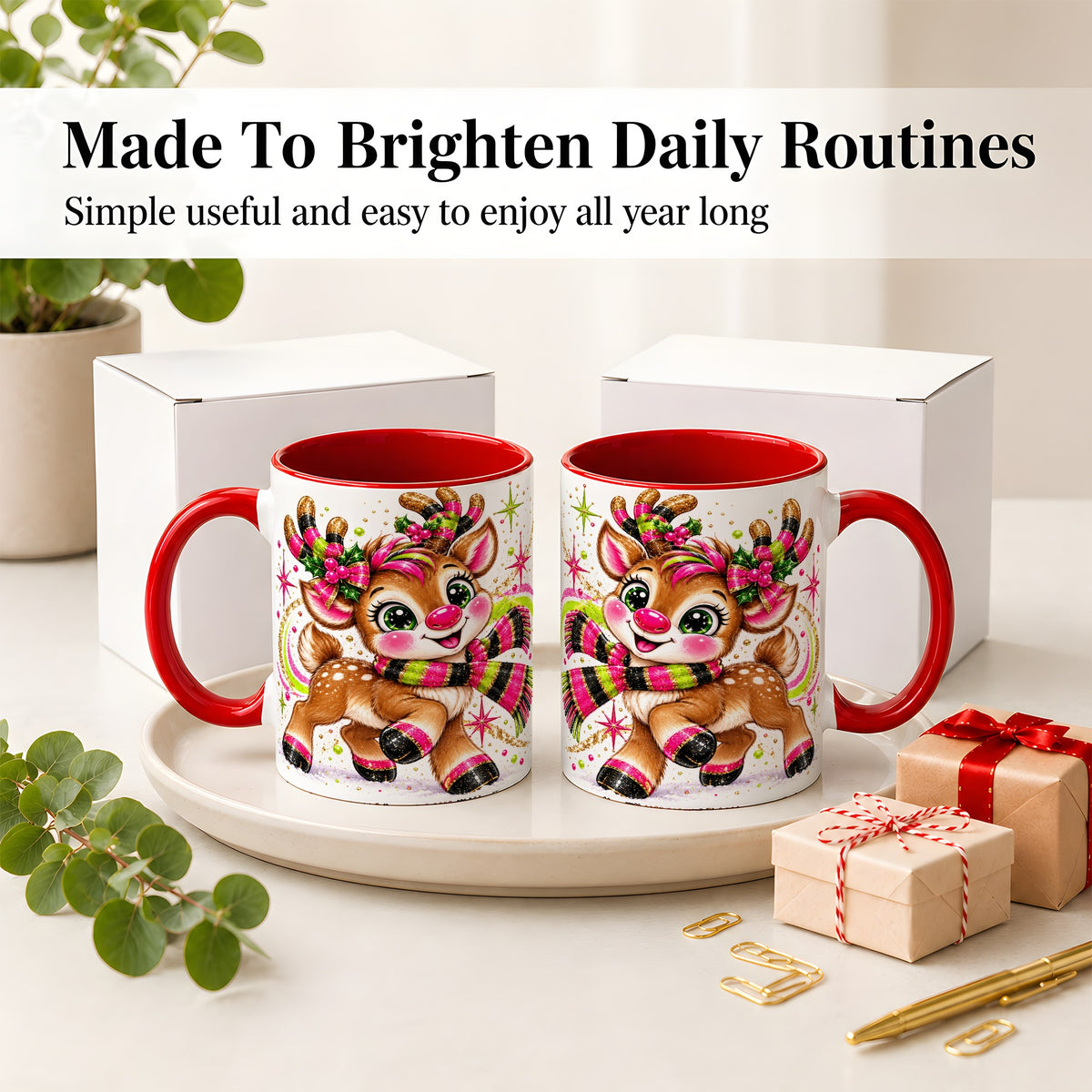#pl[11oz|Red] Festive Reindeer Ceramic Mug, Neon Christmas Character Artwork